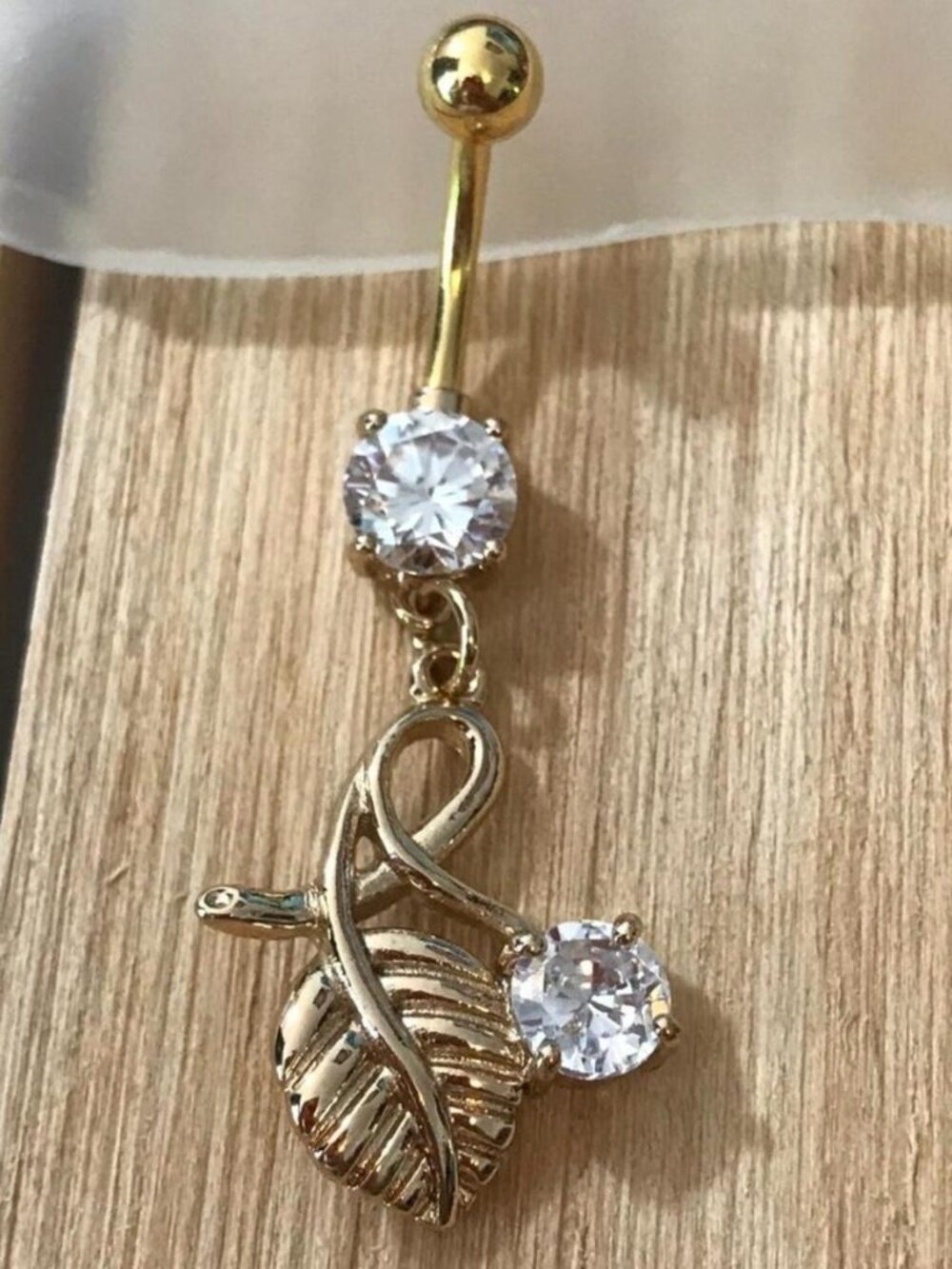 Gold Plated Gem leaf dangle belly button ring navel ring piercing 14 gauge